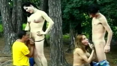 Two Guys Brought Trance Whores To The Forest To Suck Each Other's Dicks