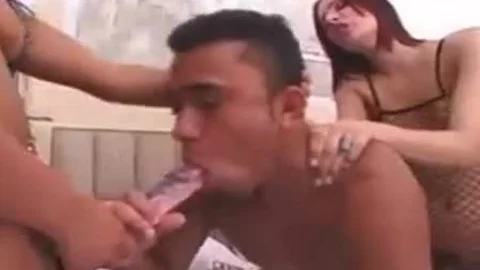 Shemale And Girl With A Strap-on Fuck A Chap