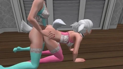 2 Bunny Girls In Bright Colored Stockings & Lingerie Doggy Style Sex - SL Anime Furry