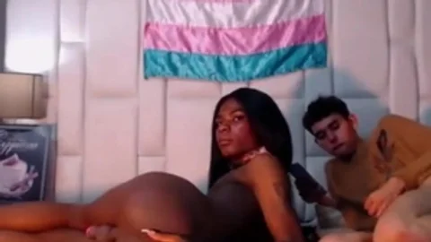 Skinny Black Colombian Shemale Hottie Gets Blowjob By Her White Guy On Webcam