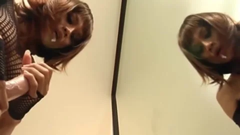 Redhead Ladyboy In Black Lingerie Sucks A Dildo By The Mirror
